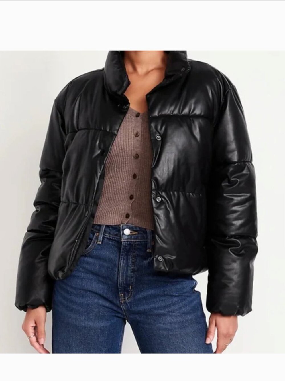 🌟 NWT Old Navy Black Faux-Leather Puffer Jacket Small Tall ST Sold Out Edition!